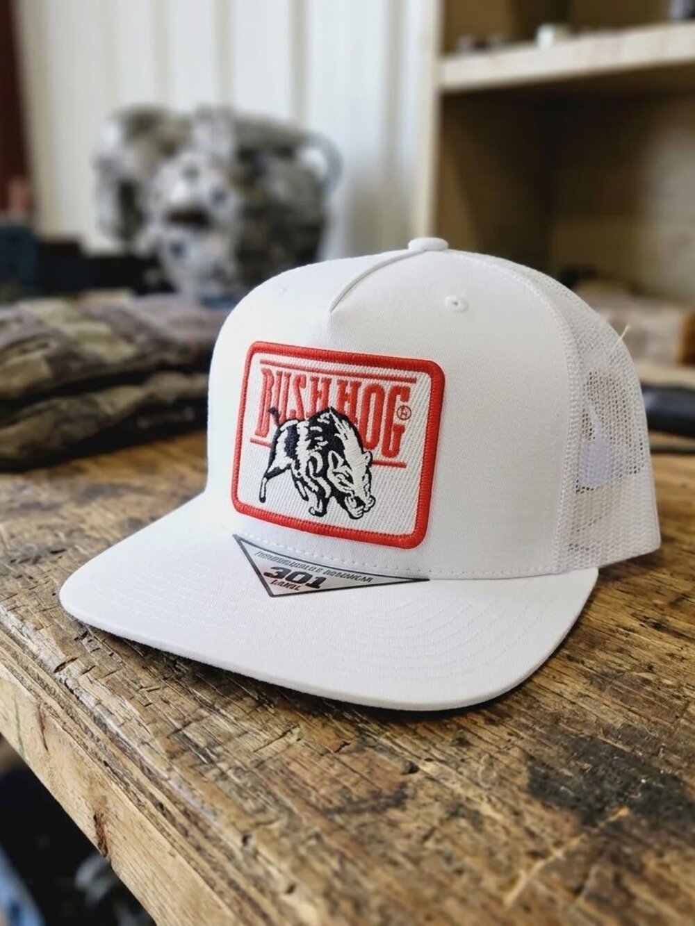 Bush Hog Tractor Farm Equipment Patch White Flat Bill Snapback Trucker Hat Retro